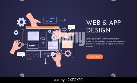 Handwerklicher Prototyp. Web-Entwicklungs-ui ux Design Agentur Landing Page, Programmierteam Erstellen von Website oder mobile App Usability Redesign Coding Content Vektor Illustration Stock Vektor