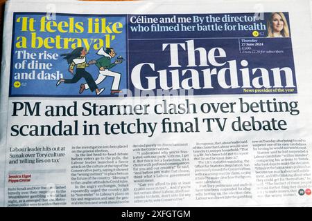 Rishi Sunak 'PM and Starmer Clash over Wetting Skandal in tetchy final TV debattiert' Guardian Zeitung Schlagzeile Titelwahl artikel 27. Juni 2024 Stockfoto