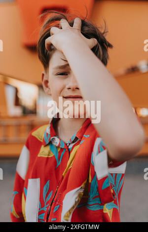 Porträt eines lächelnden Jungen mit Hand im Haar Stockfoto