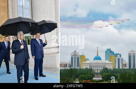 Astana, Kasachstan. Juli 2024. Auf diesem Kombi-Foto bemalen sechs kasachische Kampfjets den Himmel mit farbigen Rauchspuren in Rot und Gelb, Farben der chinesischen Nationalflagge, während sie über den kasachischen Präsidentenpalast fliegen, um den chinesischen Präsidenten Xi Jinping am 3. Juli 2024 in Astana, Kasachstan, zu begrüßen. XI führte am Mittwoch Gespräche mit dem kasachischen Präsidenten Kassym-Jomart Tokajew im Präsidentenpalast in Astana. Quelle: Wang Jianhua, Yin Bogu/Xinhua/Alamy Live News Stockfoto