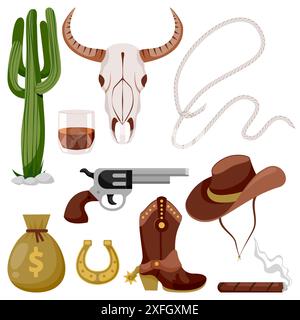 Vintage-Symbole des Wilden Westens isoliert auf weißem Hintergrund. Cowboyhut und Sporenstiefel, Kuhschädel und Pistole Retro-Symbole Set. Vektor flache Zeichentrickillustration Stock Vektor