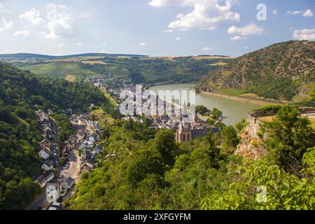 Luftaufnahme der historischen Oberwesel-Stadt in Deutschland, Rheintal Stockfoto