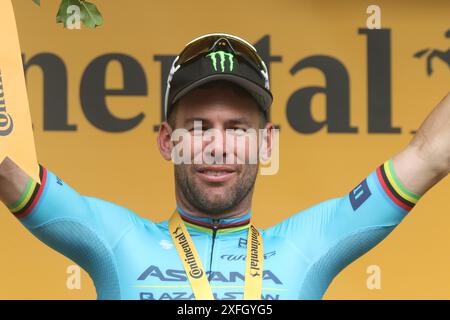 Mark Cavendish auf der fünften Etappe der Tour de France 2024 stellte mit 35 Etappensiegen einen historischen Rekord auf Stockfoto