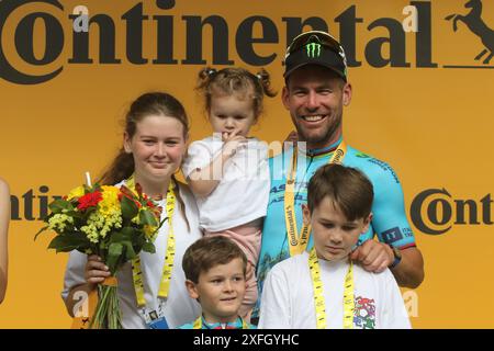Mark Cavendish auf der fünften Etappe der Tour de France 2024 stellte mit 35 Etappensiegen einen historischen Rekord auf Stockfoto