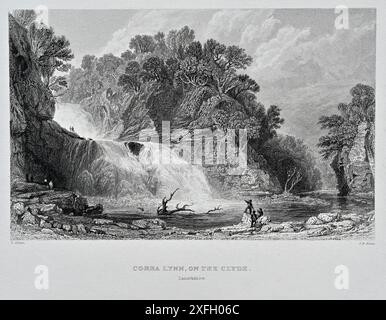 The Falls of Clyde Corra Linn, Schottland, Vintage-Stich aus dem Jahr 1835 Stockfoto