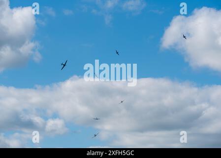 Die Jagd auf die RAF Supermarine Spitfire aus dem Zweiten Weltkrieg auf der Sywell Airshow 2024 in Northamptonshire, Großbritannien. Den Himmel mit Spitfire-Flugzeugen füllen Stockfoto