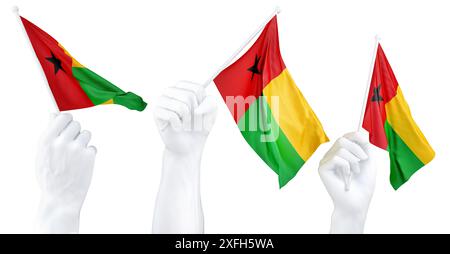 Hände schwenken Guinea-Bissau-Flagge isoliert auf weiß. 3D-Rendering Stockfoto