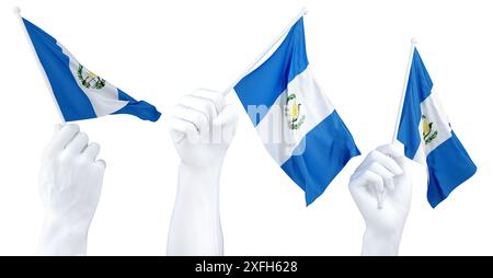 Hände schwenken Flagge von Guatemala isoliert auf weiß. 3D-Rendering Stockfoto