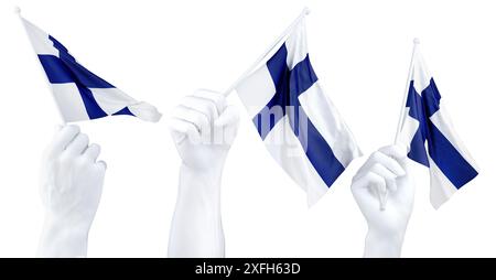 Hände schwenken die Flagge Finnlands isoliert auf weiß. 3D-Rendering Stockfoto