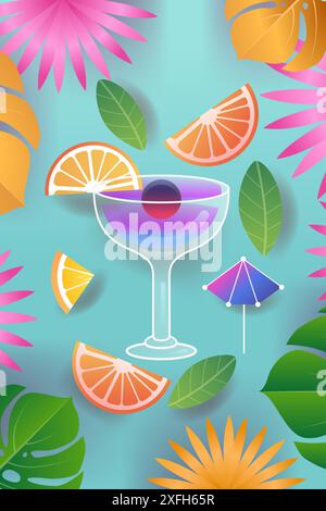 Tropisches Cocktailglas mit Fruchtscheiben, Blättern und Sonnenschirm auf blauem Hintergrund Sommerparty Stock Vektor