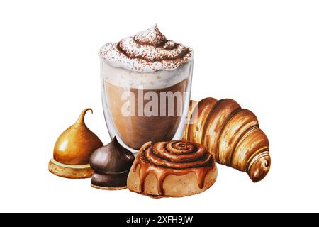 Flauschige Schaummokka Illustration Kaffee in einer Glasschale mit Zimt Brötchen, Marshmallows in Schokolade, Croissant. Handmalerei auf isoliertem Hintergrund. Fo Stockfoto