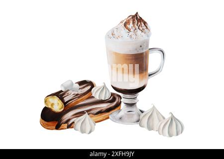 Flauschiger Latte-Kaffee aus Schaumstoff in einer Glasschale mit Eclair in Schokolade, Meringue und Marshmallows. Handmalerei Aquarellillustration auf isoliertem Hintergras Stockfoto