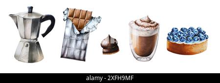 Geysir-Kaffeemaschine, Schokoladenriegel in Folie, Süßigkeiten, Heidelbeertartlet, Latte in einem Glasbecher. Handmalerei Aquarell Illustration isoliert auf Hintergru Stockfoto