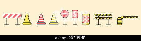 Schilder bei der Arbeit. Straßenreparaturbarrieren gesetzt. Bauzäune. Bauschilder. Reihe von Straßenwarnschildern. Vektorabbildung. Stock Vektor
