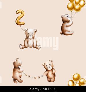 Nahtloses Muster mit niedlichen Cartoon-Teddybären mit goldenen Folienballons an einem String, Geburtstagskranz aus braunen und beigen Fahnen. Handgezeichnetes Wasserkolo Stockfoto