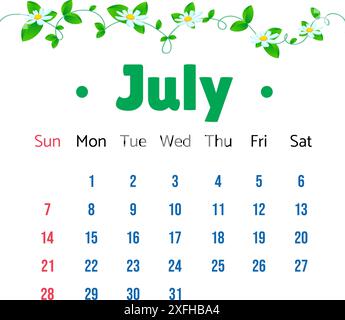 Juli 2024-Kalender. Juli 2024 Kalender mit Vektor-Gänseblümchen und grünen Blättern Illustration. Wandschreibtisch Kalender Vektorvorlage, Simple Minimal Design. W Stock Vektor