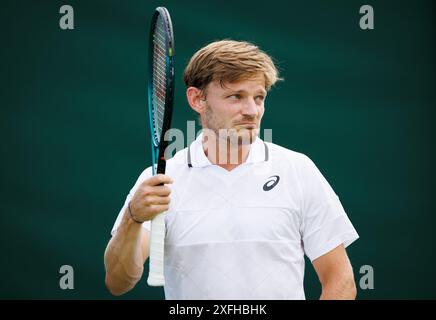 London, Großbritannien. Juli 2024. Der Belgier David Goffin reagiert während eines Tennisspiels gegen den tschechischen Machac, in der ersten Runde des Herren-Einzelwettbewerbs des Wimbledon Grand Slam Turniers 2024 im All England Tennis Club im Südwesten Londons, Großbritannien, Mittwoch, den 03. Juli 2024. BELGA FOTO BENOIT DOPPAGNE Credit: Belga News Agency/Alamy Live News Stockfoto