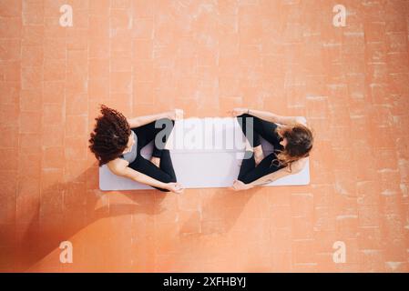 Direkt über dem Schuss von Freundinnen, die meditieren, während sie auf Yogamatte sitzen Stockfoto