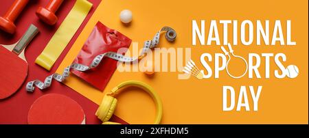 Gesunder Snack, Sportgeräte und moderne Kopfhörer auf farbigem Hintergrund. Banner für den nationalen Sporttag Stockfoto