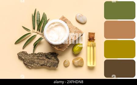 Glas mit natürlicher Olivencreme und Öl auf beigefarbenem Hintergrund. Verschiedene Farbmuster Stockfoto