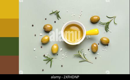 Schüssel mit frischem Olivenöl und Gewürzen auf farbigem Hintergrund. Verschiedene Farbmuster Stockfoto