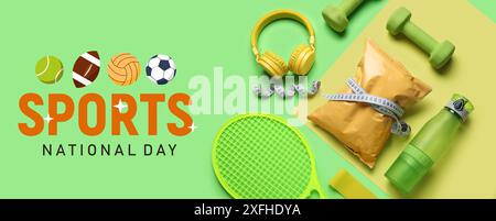 Gesunder Snack, Sportgeräte und Kopfhörer auf farbigem Hintergrund. Banner für den nationalen Sporttag Stockfoto