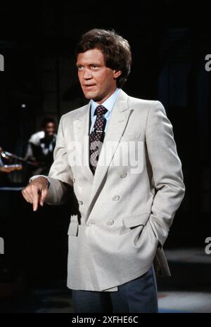 Moderator der US-amerikanischen Talkshow David Letterman, Porträt in Dreiviertellänge, Late Night mit David Letterman, NBC, Bernard Gotfryd, 1982 Stockfoto