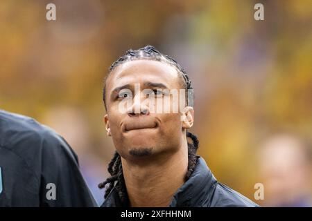 München, Deutschland. Juli 2024. Nathan Ake aus den Niederlanden war beim Achtelfinale der UEFA Euro 2024 zwischen Rumänien und den Niederlanden in der Allianz Arena in München zu sehen. Stockfoto