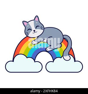 Niedliche Karikaturkatze schläft auf Regenbogen. Vektorabbildung. Stock Vektor