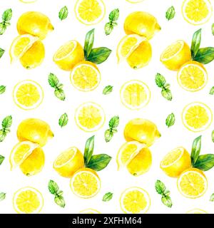 Aquarellmuster aus Zitrusfrüchten, Zitronen und Blättern für lebendiges und sommerliches Design Stockfoto