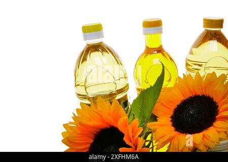 Sonnenblumenöl in Flaschen gesetzt und Sonnenblumenblüten isoliert auf weißem Hintergrund. Öl für Salate und Braten. Ölflaschen und Sonnenblumen blühen. Organisch Stockfoto