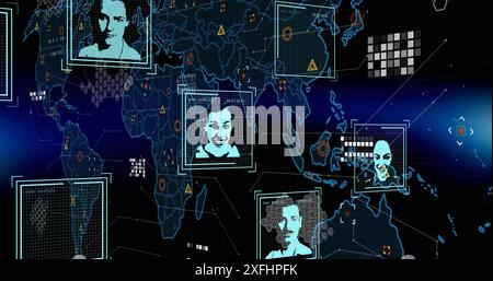 Bild von biometrischen Fotos, Datenverarbeitung über Weltkarte auf dunklem Hintergrund Stockfoto