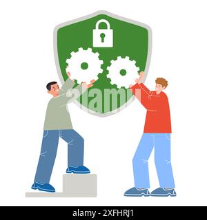 Expertenteam, das zusammen Zahnradgetriebe hält, großes Schild Symbol der Sicherheits-Cyber-Technologie Stock Vektor