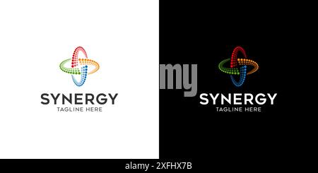 Logo-Synergie, Konzept der Zusammenarbeit von zwei oder mehr Einheiten. Ineinander greifende Kreise symbolisieren das Zusammenkommen verschiedener Elemente Stock Vektor