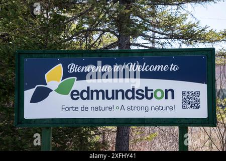 Willkommen im Edmunston-Schild an der Airport Road in New Brunswick, Kanada Stockfoto