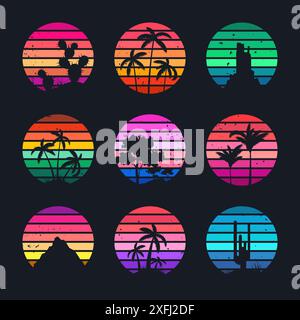Grunge Vintage Sunset Kollektion. Farbenfrohe gestreifte Sonnenaufgangsabzeichen im Stil der 80er und 90er Jahre. Blick auf Sonne und Meer, Sommerstimmung, Surfen. Designelement für Stock Vektor