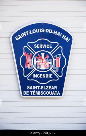 Feuerwehrschild in der Rue Raymond in Saint-Louis-du-Ha! Ha!, Quebec, Kanada Stockfoto