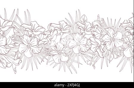 Jasminblüten und Palmblätter Line Art nahtloses Muster für Textilien, Scrapbook oder Tapeten. Zarte tropische Blume, Vektor-Hintergrund. Stock Vektor