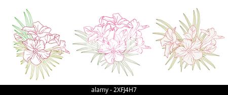 Jasminblüten- und Palmblätter-Linie zur Gestaltung von Karten, Aufklebern und Sammelalbum. Zarte tropische Blume, Vektor-Hintergrund. Stock Vektor