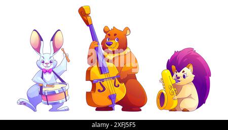 Niedlicher Hase, Bär, Igel, der Musik spielt, isoliert auf weißem Hintergrund. Zeitgenössische Vektor-Zeichentrickillustration von lustigen Tieren, die auf Schlagzeug, Kontrabass, Saxophon, PET Jazz Band Show Stock Vektor