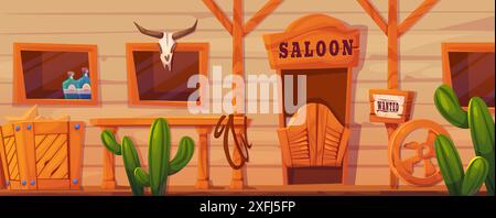 Außenfassade des Wild West Salons mit Doppeltür Eingang, Holzveranda mit Geländer, Kakteen und Kuhschädel, gebrochenes Holzrad und Wunschplakat. Karikaturvektor-Illustration der Cowboy-Taverne. Stock Vektor