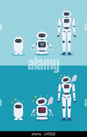 Sammlung von normalen Robotern und abgestürzten Fehlerrobotern. Cyborg-Technologie und futuristische Intelligenzmaschine. Vektorabbildung Stock Vektor
