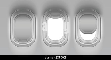 Fenster mit geschlossener, geöffneter und offener Ebene von innen. Realistische 3D-Vektor-Illustration der Flugzeugporthole während des Fluges. Rumpf Beifahrersitz. Modellmodell für Innenelemente im Flugzeuginneren. Stock Vektor