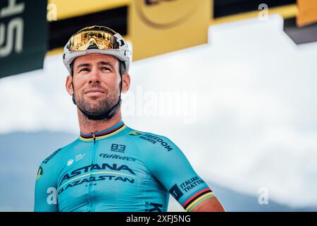 St. Vulbas, Fra. Juli 2024. Bild von Zac Williams/SWpix.com - 03/07/2024 - Radfahren - 2024 Tour de France - Stage 5 Saint-Jean-de-Maurienne nach Saint Vulbas - Frankreich - Mark Cavendish, Astana Qazaqstan. Quelle: SWpix/Alamy Live News Stockfoto