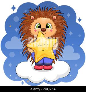 Der süße Cartoon-Igel hält einen gelben Stern und steht auf einer Wolke. Nachtvektor-Illustration auf blauem Hintergrund. Stock Vektor
