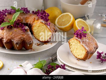 Stillleben von Zitronenkuchen mit Scheibe und Flieder auf weißem Tisch Stockfoto