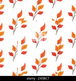 Nahtloses Muster im Herbst. Einfache Anlage. Orangefarbene und gelbe Blätter auf weißem Hintergrund. Ornament im skandinavischen Stil Stock Vektor