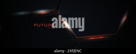 Dunkler sechseckiger abstrakter Technologiehintergrund mit orangefarbenen und weißen hellen Blitzen unter dem sechseckigen Hintergrund. Sechseckiger Gaming-Vektor abstrakte Technologie Stock Vektor