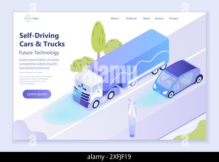 Zukunftstechnologie – selbstfahrende Autos und Lkw, 3D-Isometrie Vektorillustration, für Grafik- und Webdesign Stock Vektor