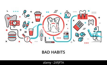 Infografik Bad Habits Konzept, moderne flache, dünne Vektorillustration für Grafik- und Webdesign Stock Vektor